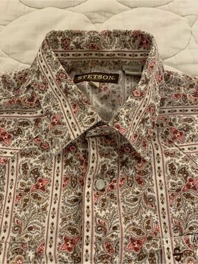 Stetson Western Shirt Mens large Brown Paisley Pearl Snap Cowboy Rodeo Ranch